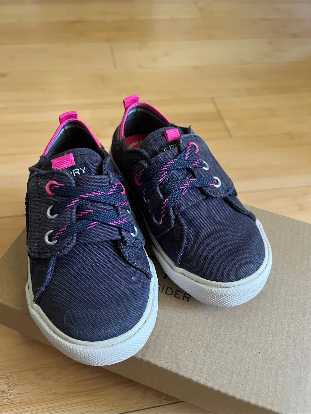 Sperry Kids Navy Canvas Sneakers with Hot Pink Accents